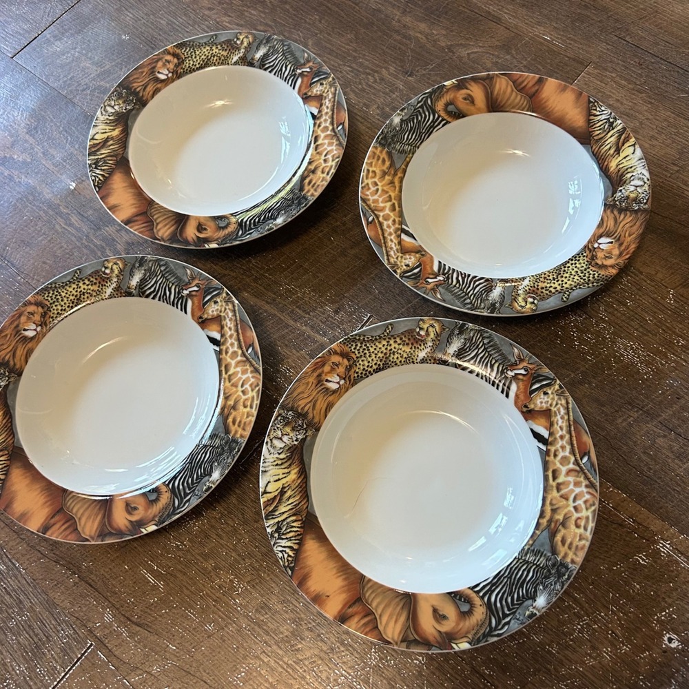 Vintage Sakura La Menagerie Safari Animal Soup Bowls John Zak 1996 Set of 4 9in